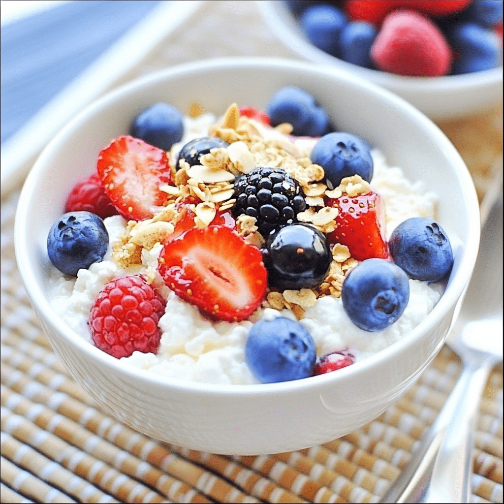 Cottage cheese with honey and berries in a bowl