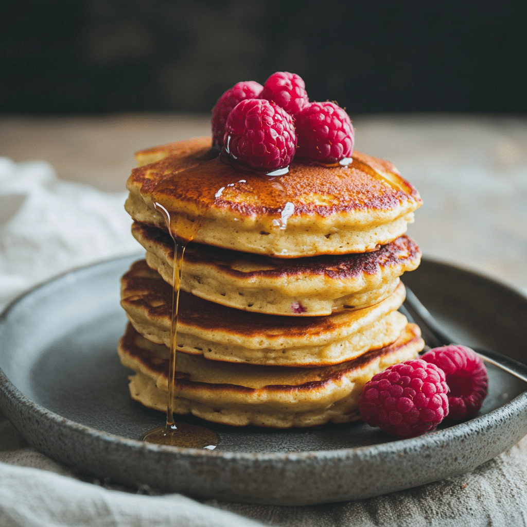 cottage cheese keto pancakes with raspberries and syrup