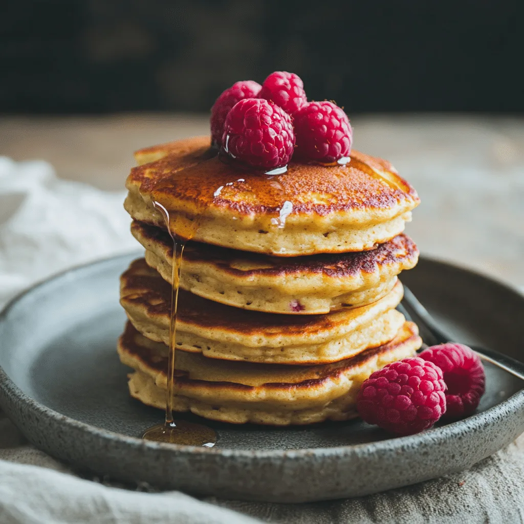 cottage cheese keto pancakes with raspberries and syrup