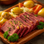Crock pot corned beef with potatoes, carrots, and cabbage