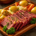 Crock pot corned beef with potatoes, carrots, and cabbage
