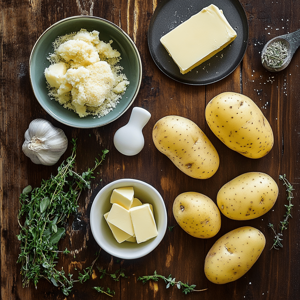Ingredients for parmesan smashed potatoes on a wood surface