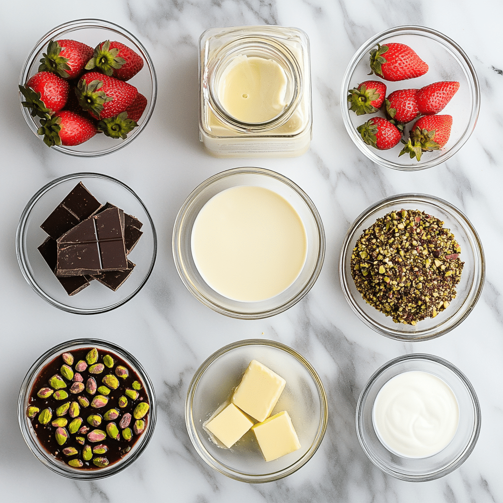 Ingredients flat lay for Dubai chocolate strawberries with kataifi, pistachios, pudding, and strawberries