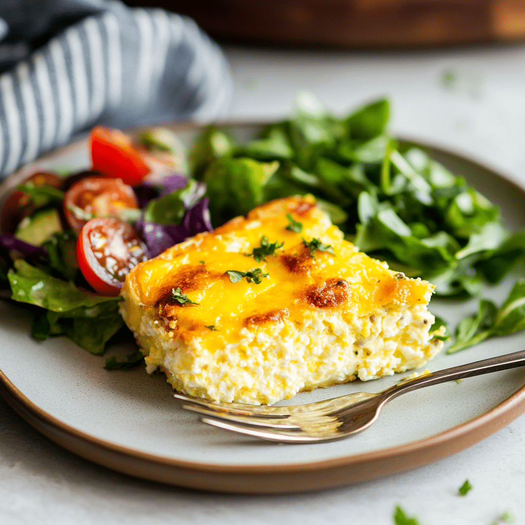 slice of baked cottage cheese eggs on plate     