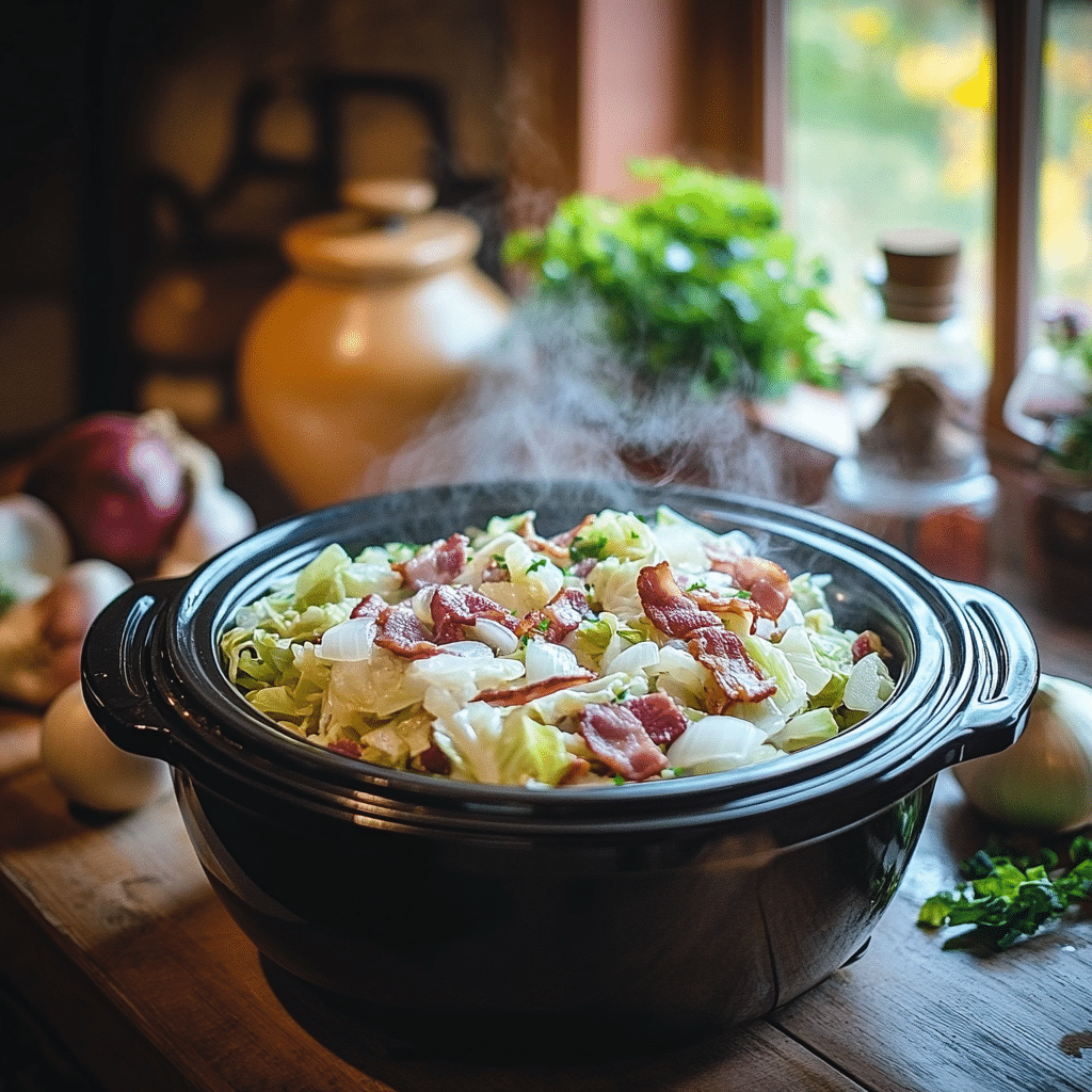 Crockpot cabbage recipes with bacon and onion in rustic kitchen