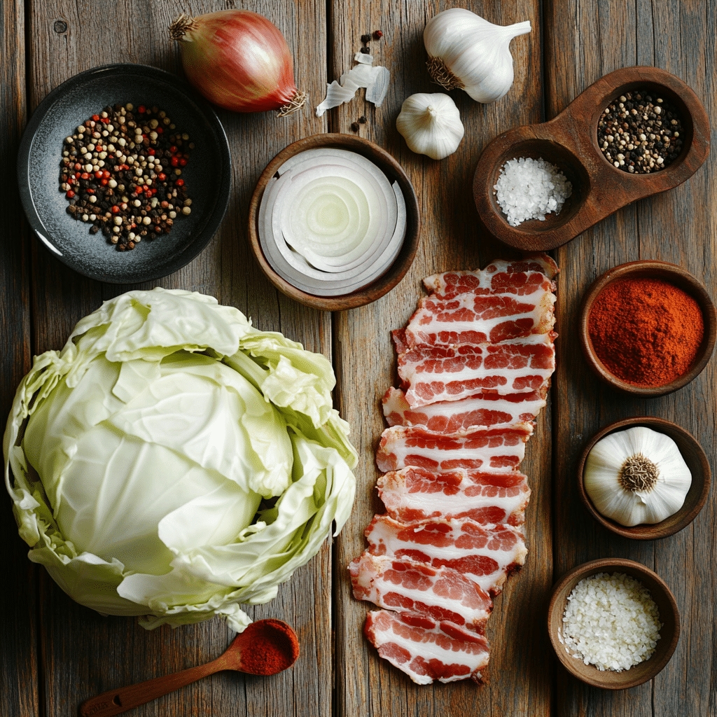  Ingredients for crockpot cabbage recipes on wooden table