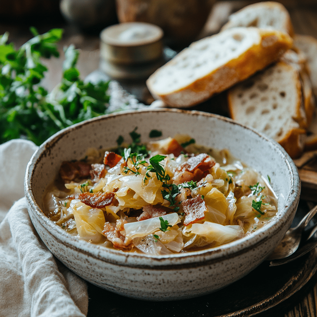Bowl of crockpot cabbage with bacon served with bread
