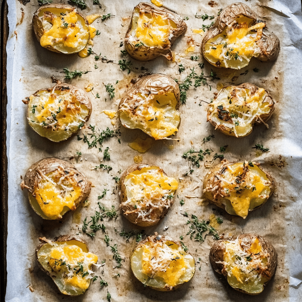 Parmesan smashed potatoes baked until crispy and golden