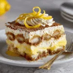 A slice of Limoncello Tiramisu on a white plate with lemon curl