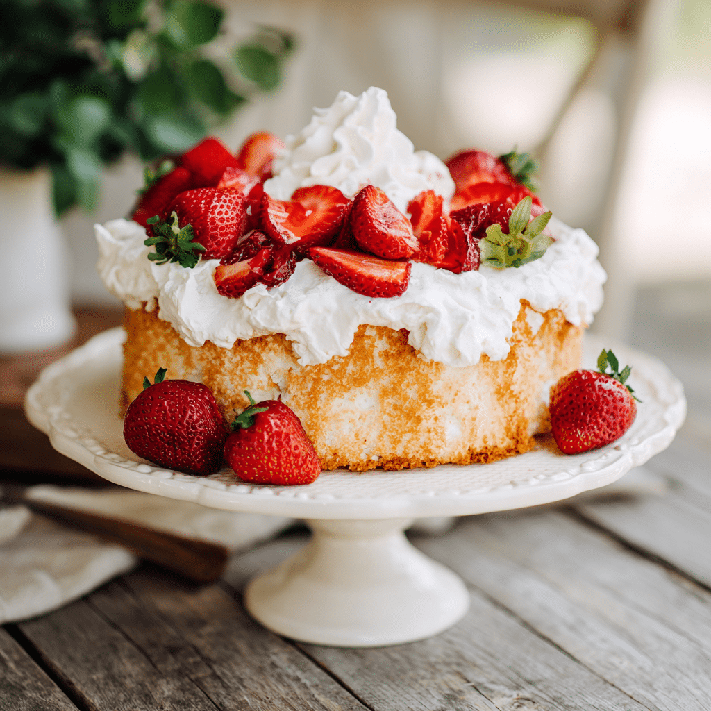 Angel cake with strawberries and whipped cream on a cake stand