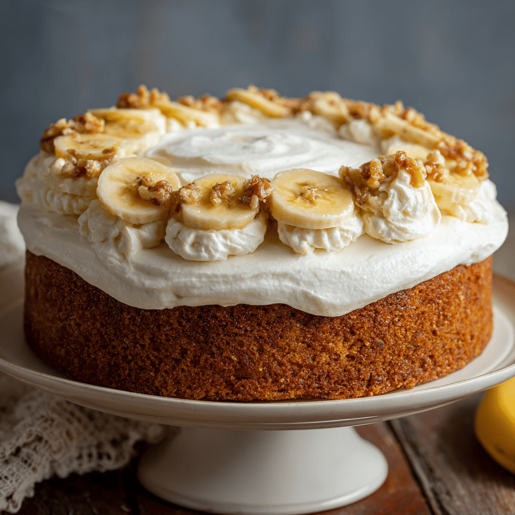 Banana cake with banana cream cheese frosting on table