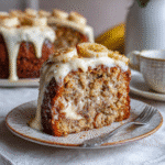 Sliced banana cake served with banana cream cheese frosting