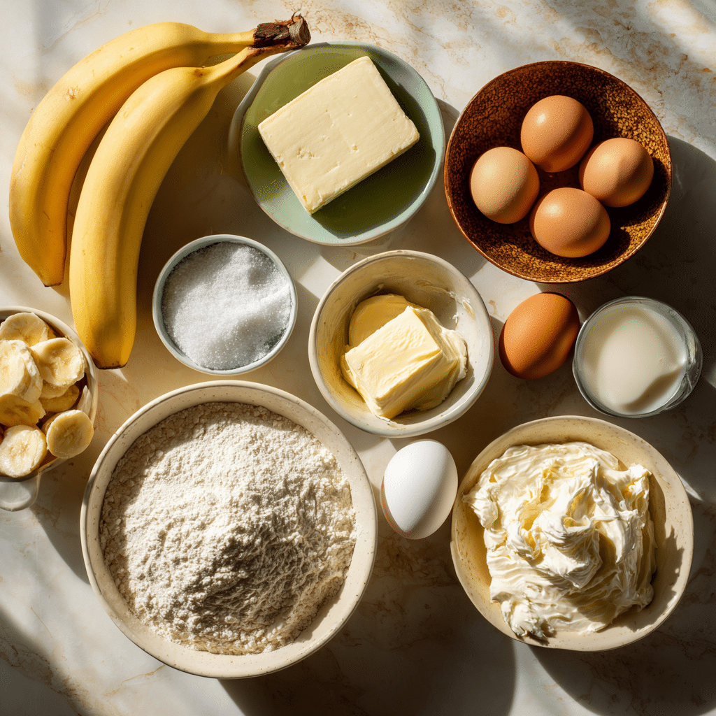 Ingredients for banana cake with banana cream cheese frosting