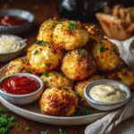 Cheesy garlic parm potato balls served with marinara and aioli dips