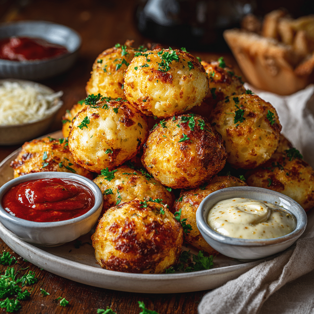 Cheesy garlic parm potato balls served with marinara and aioli dips