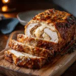 Chicken Cordon Bleu Meatloaf sliced on board with cheese layers