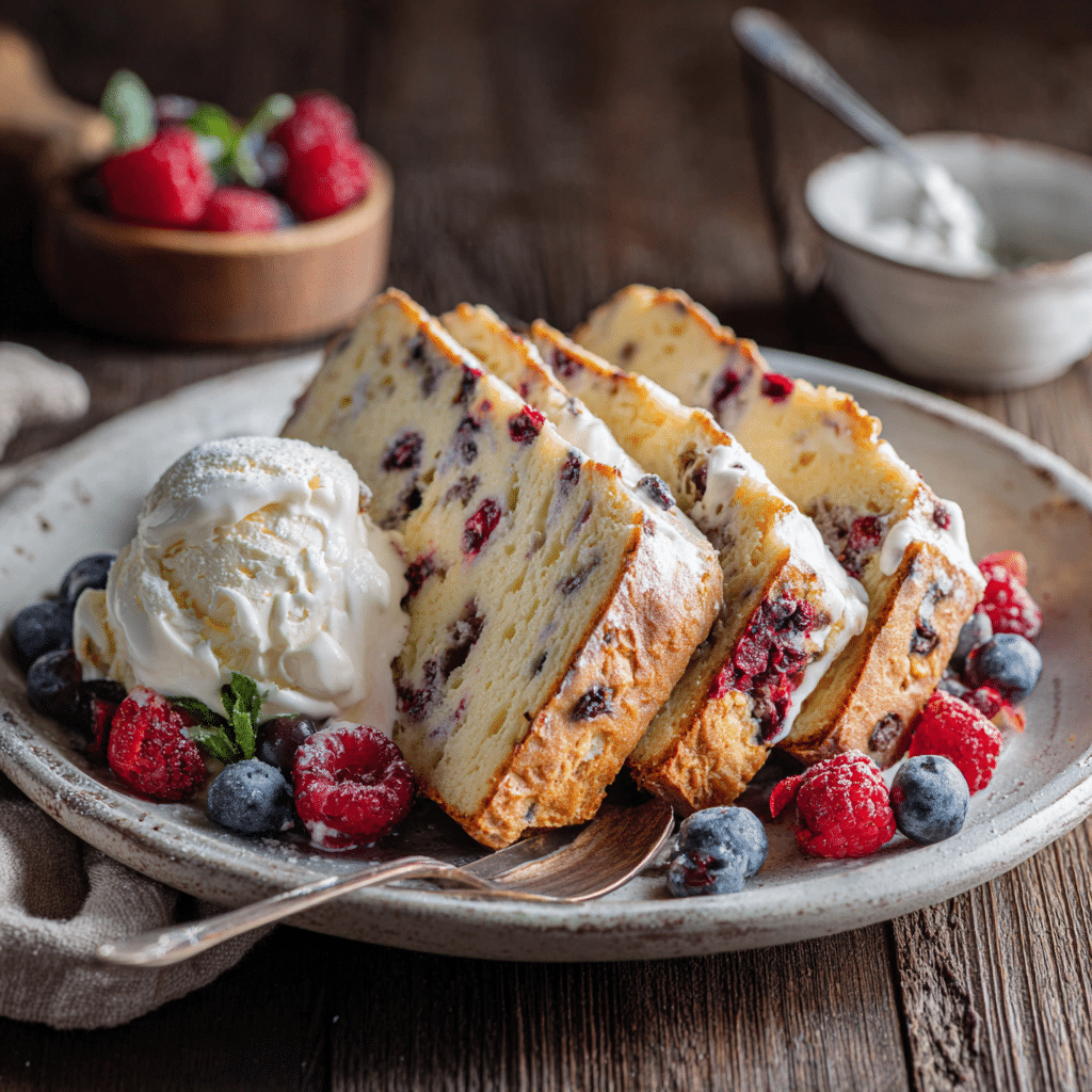 Ice cream bread served with berries