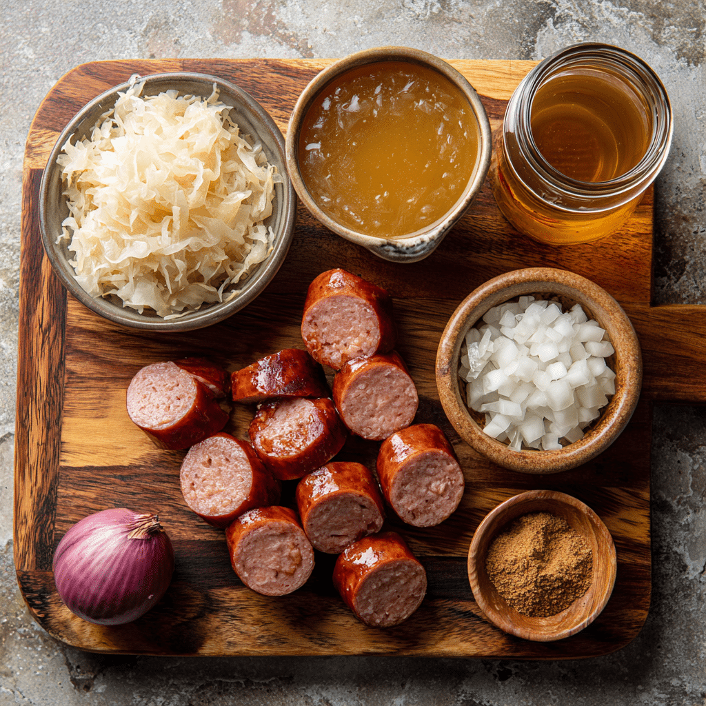 Kielbasa and sauerkraut being assembled in slow cooker