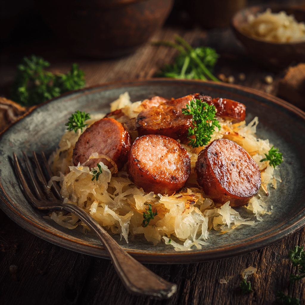 Kielbasa and sauerkraut served over mashed potatoes