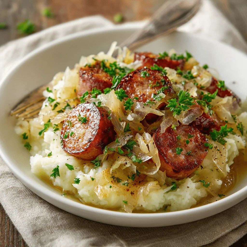 Kielbasa and sauerkraut served in a cozy rustic kitchen