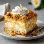 lemon cream cheese dump cake in rustic baking dish