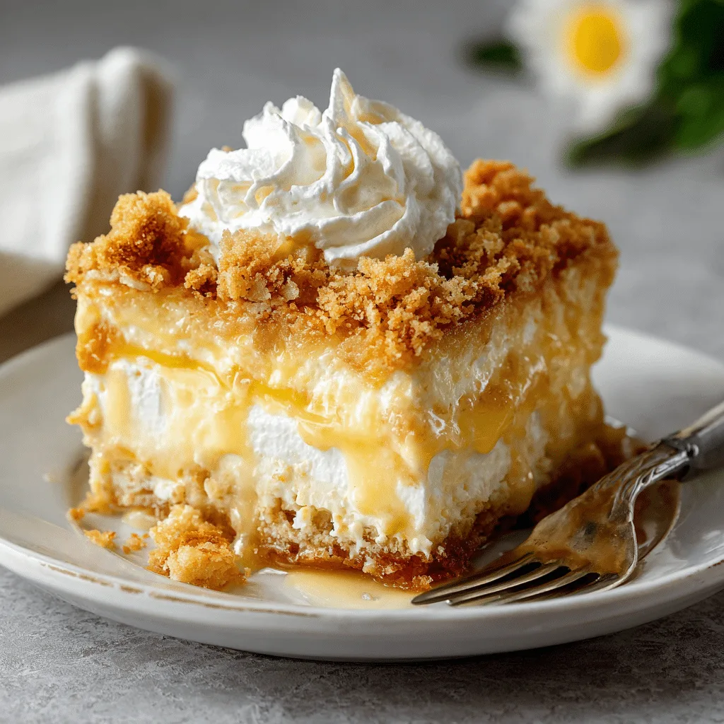 lemon cream cheese dump cake in rustic baking dish