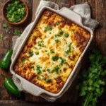 Mexican cornbread casserole baked in rustic dish with cheese