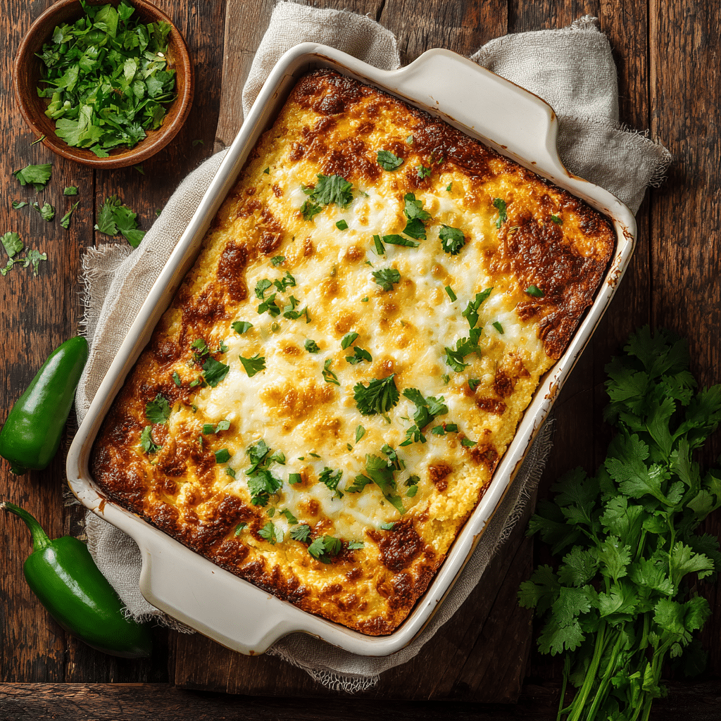 Mexican cornbread casserole baked in rustic dish with cheese