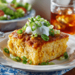 Slice of Mexican cornbread casserole with garnish on plate