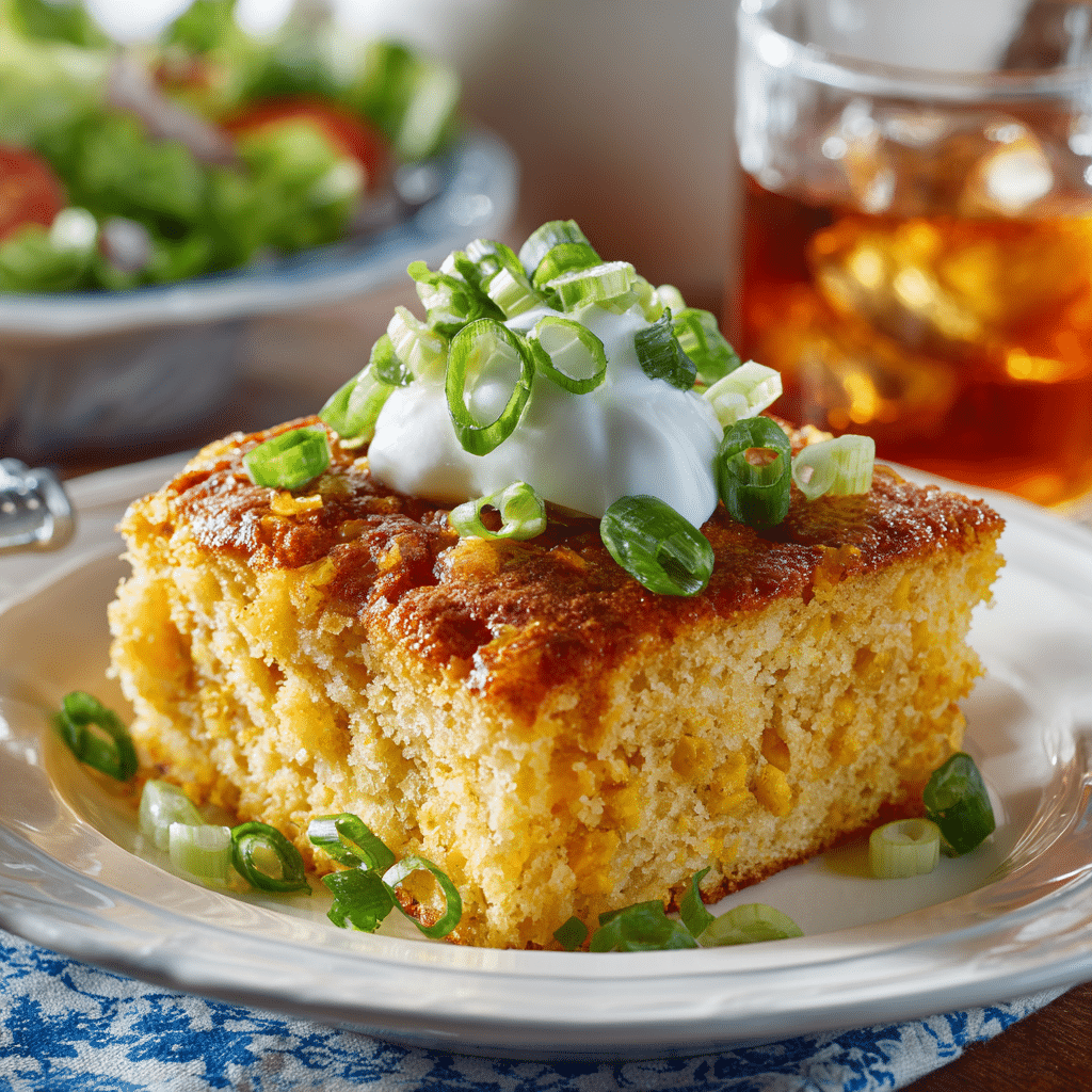 Slice of Mexican cornbread casserole with garnish on plate