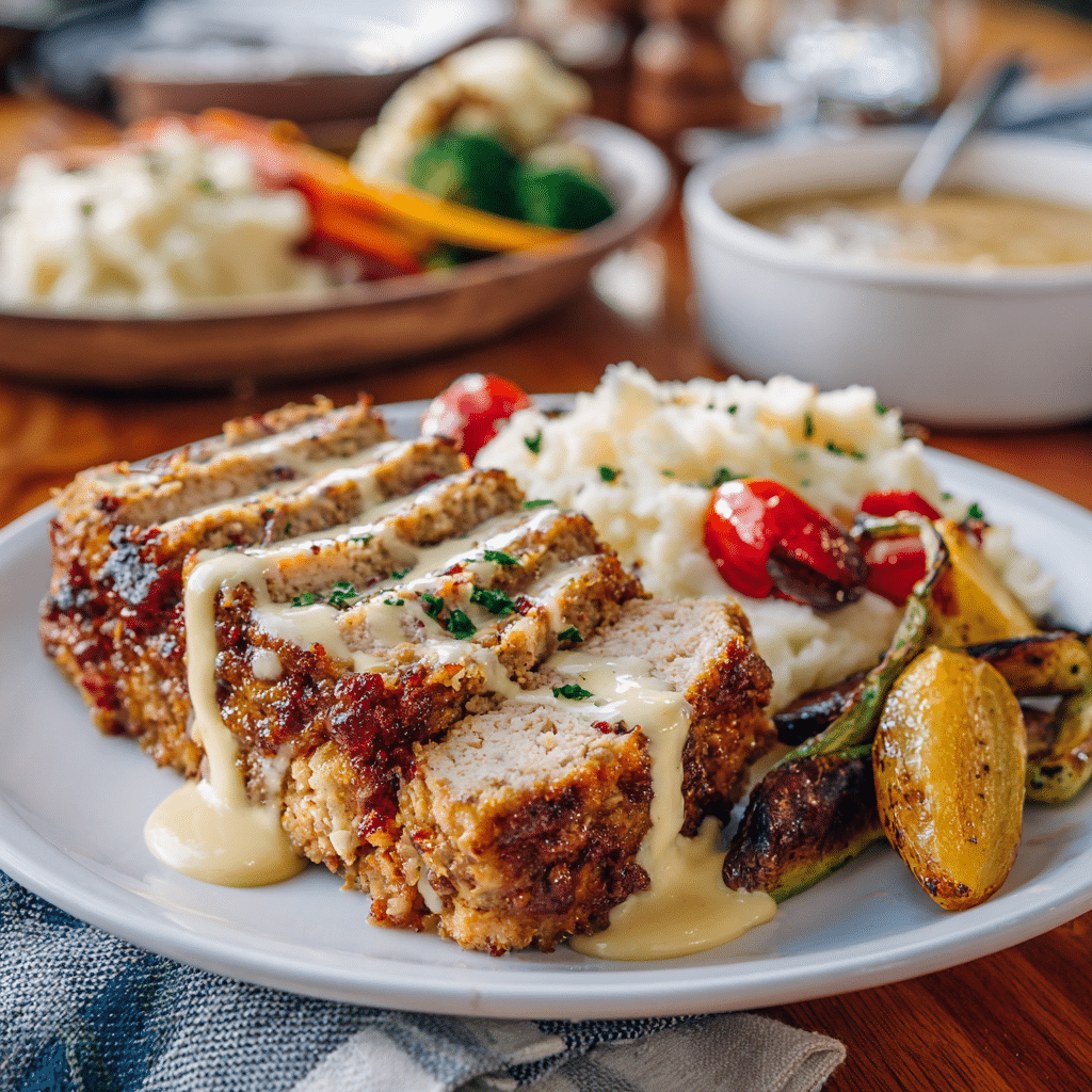 Sliced Chicken Cordon Bleu Meatloaf served with sides