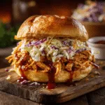 pulled chicken sandwich with BBQ sauce and slaw