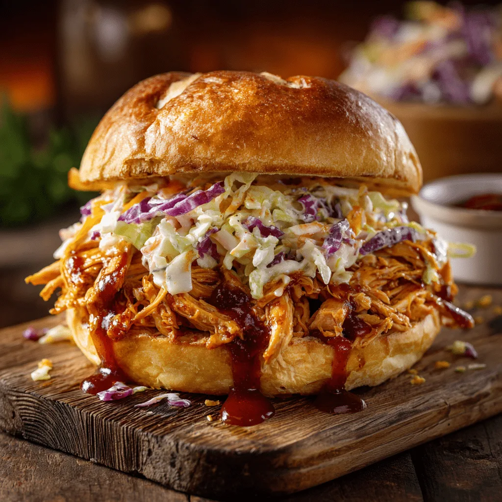 pulled chicken sandwich with BBQ sauce and slaw