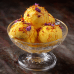 saffron ice cream in bowl with pistachio garnish