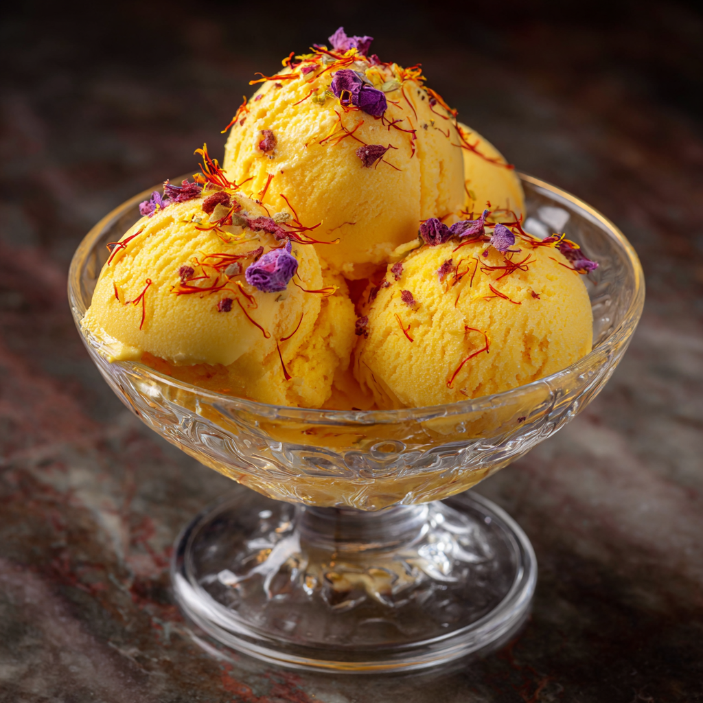 saffron ice cream in bowl with pistachio garnish