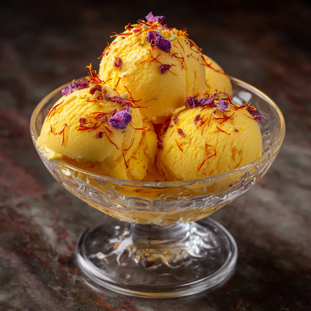 saffron ice cream in bowl with pistachio garnish