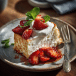A slice of angel cake served with whipped cream and strawberries