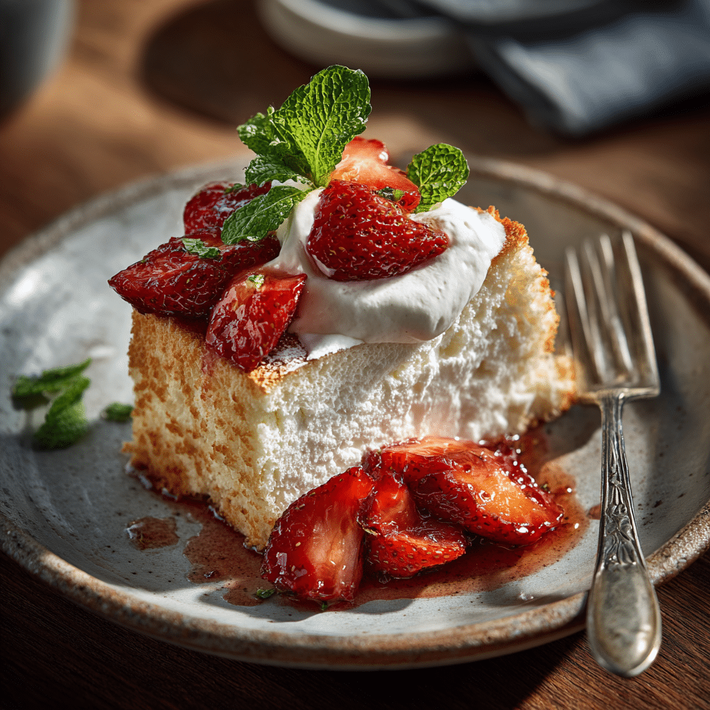 A slice of angel cake served with whipped cream and strawberries