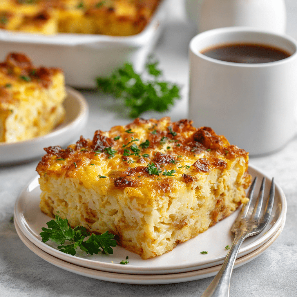 Served slice of hashbrown breakfast casserole