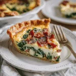 Spinach bacon quiche on ceramic plate
