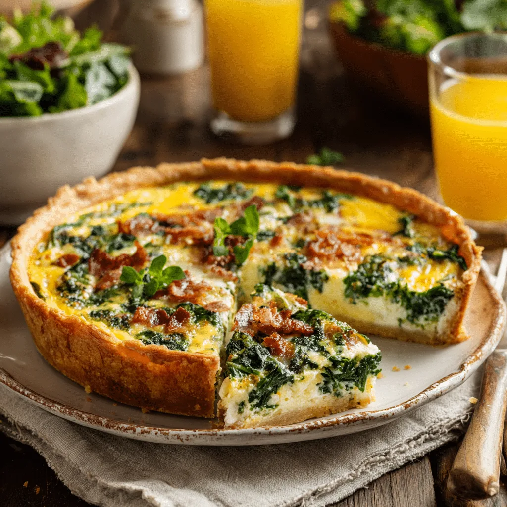 Spinach bacon quiche served with salad