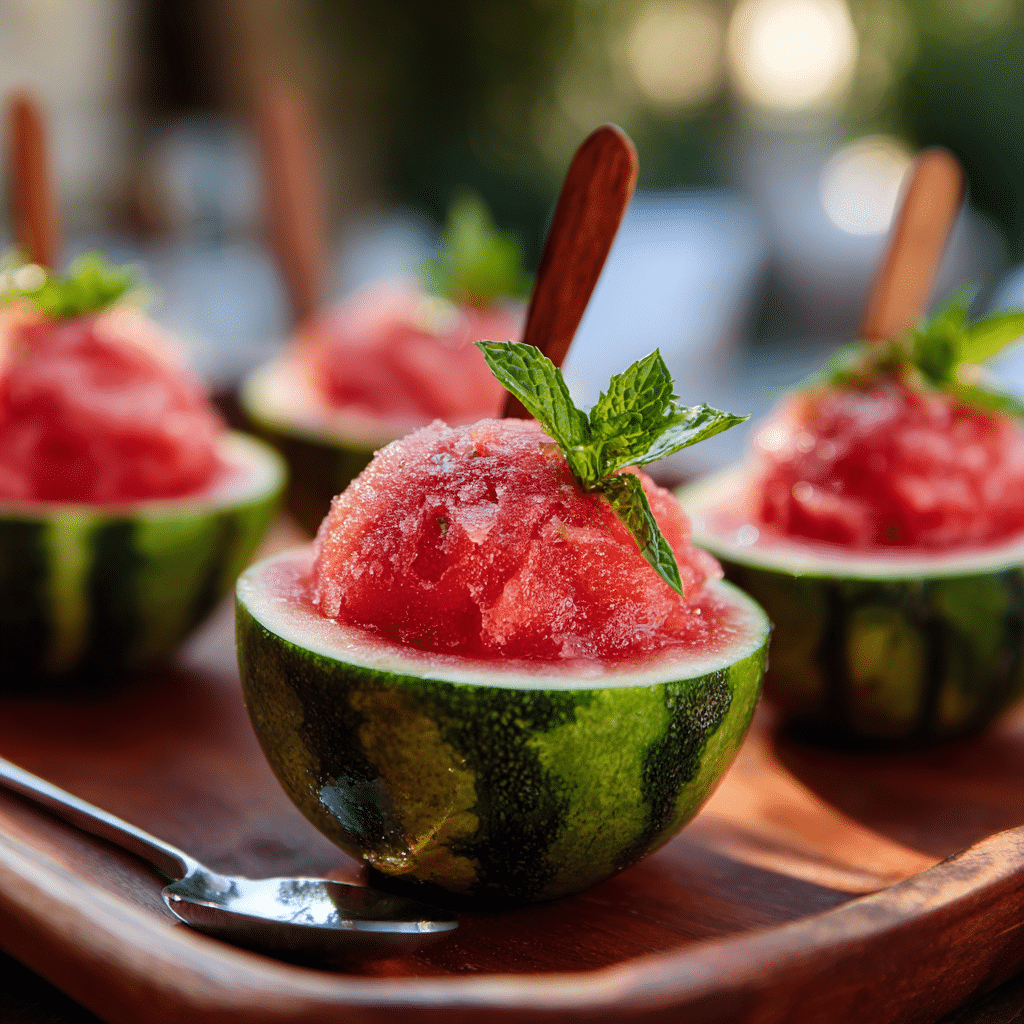 Watermelon sorbet served in mini watermelons