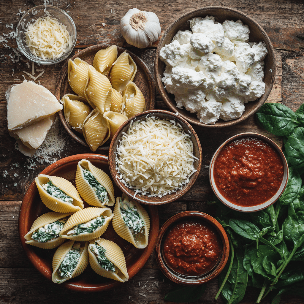 ingredients for stuffed shells with spinach ricotta