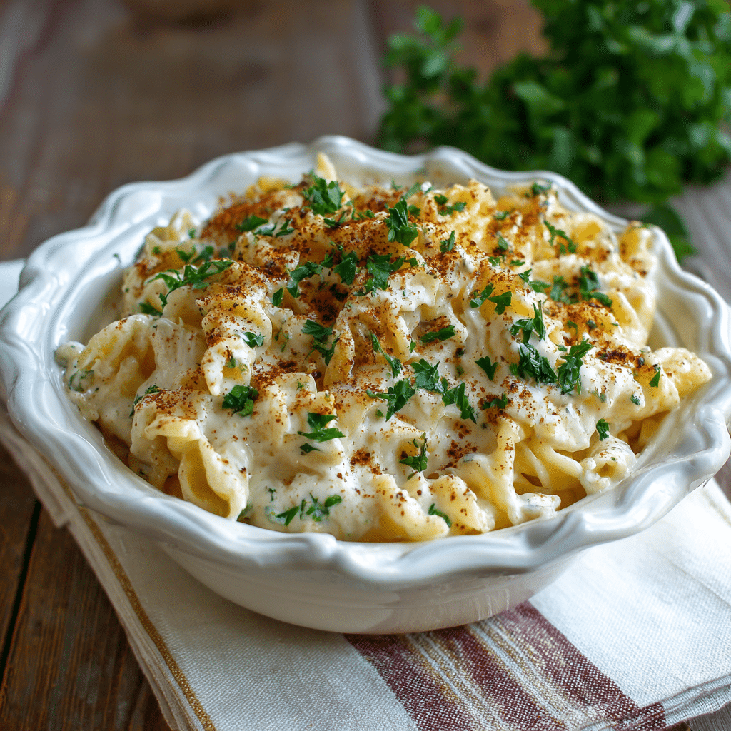  cottage cheese Alfredo pasta garnished with fresh parsley and black pepper.