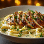 creamy garlic parmesan chicken pasta in white bowl