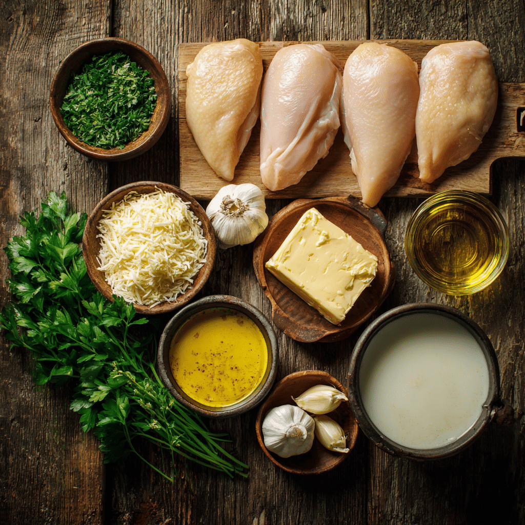 ingredients for creamy garlic parmesan chicken pasta