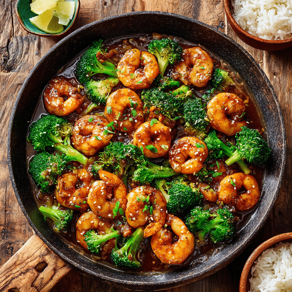 Honey Garlic Shrimp and Broccoli Skillet on Wooden Table
