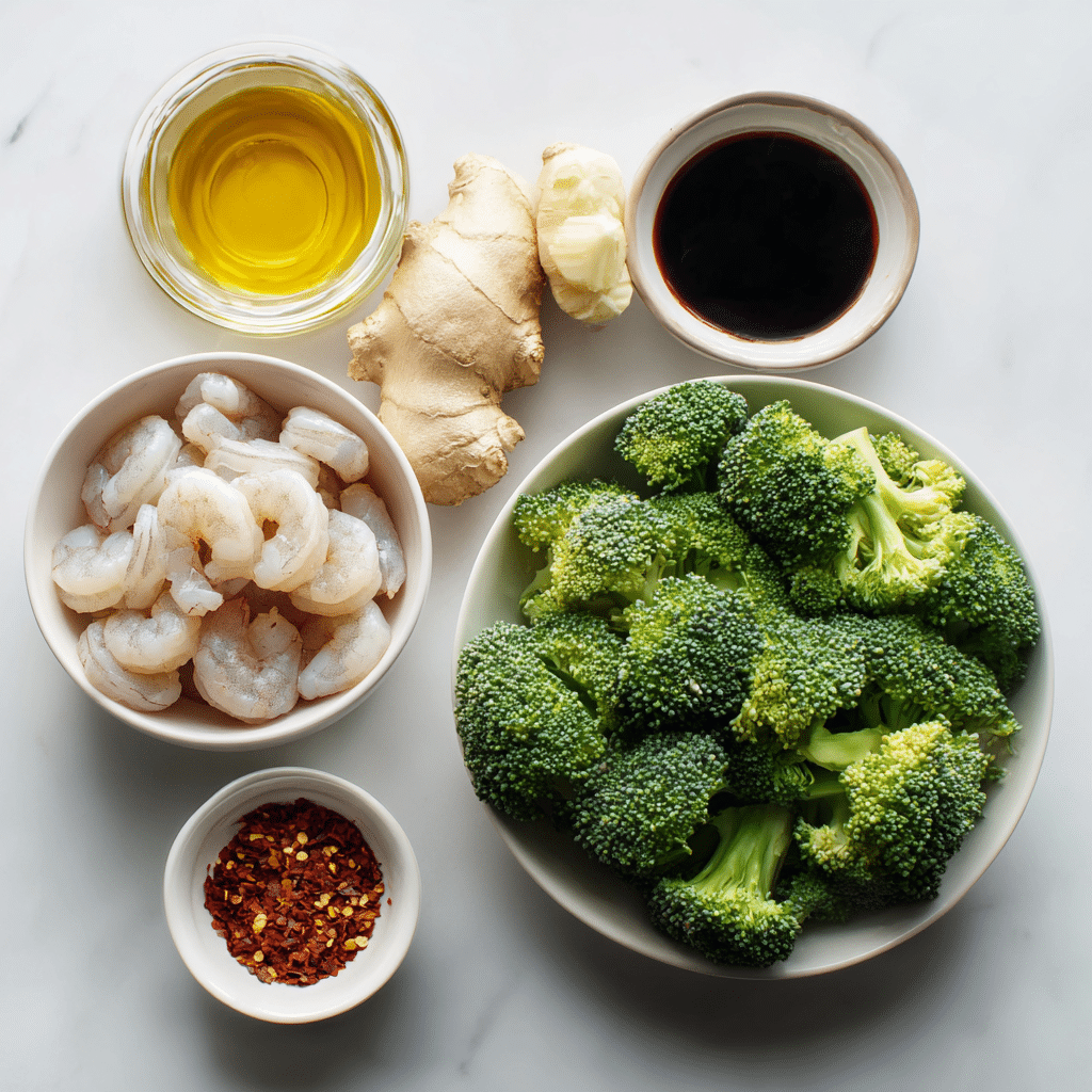Ingredients for Honey Garlic Shrimp and Broccoli laid out on table