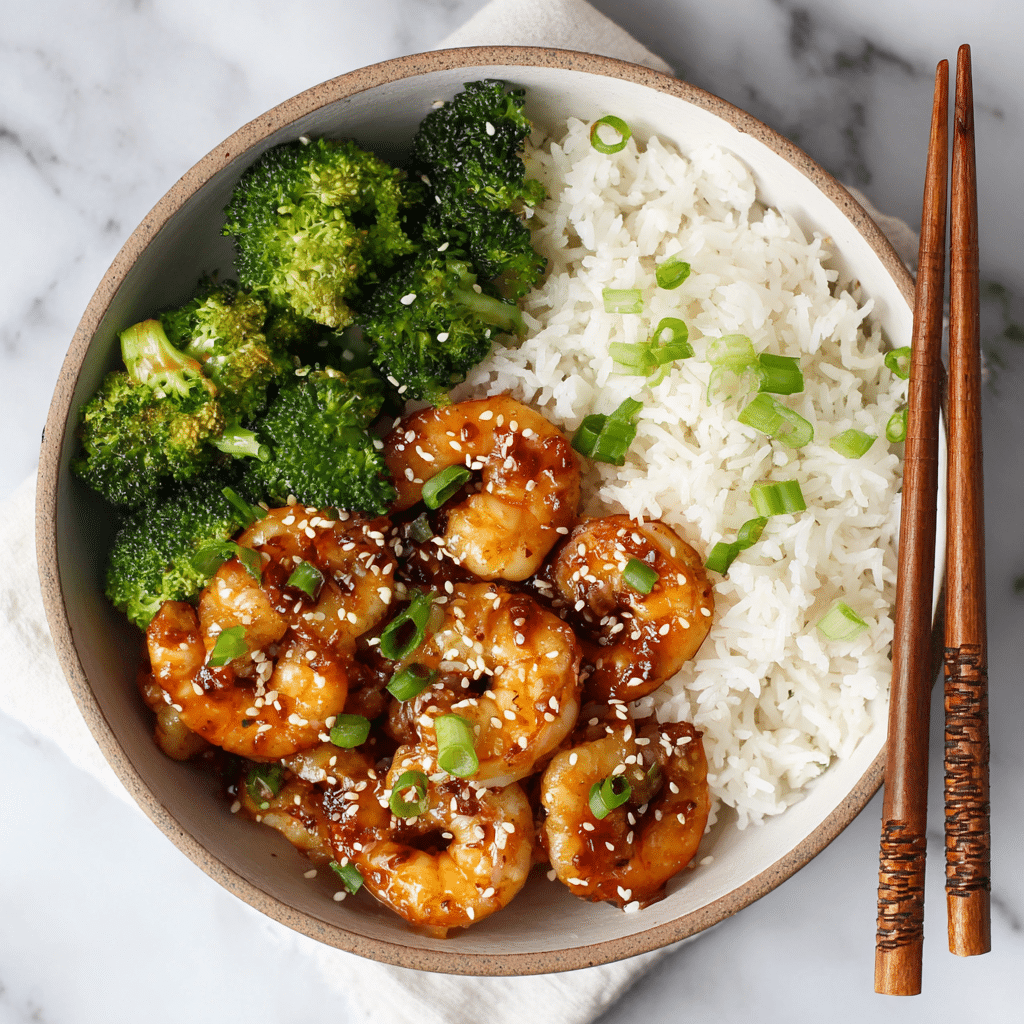 Bowl of honey garlic shrimp and broccoli over rice