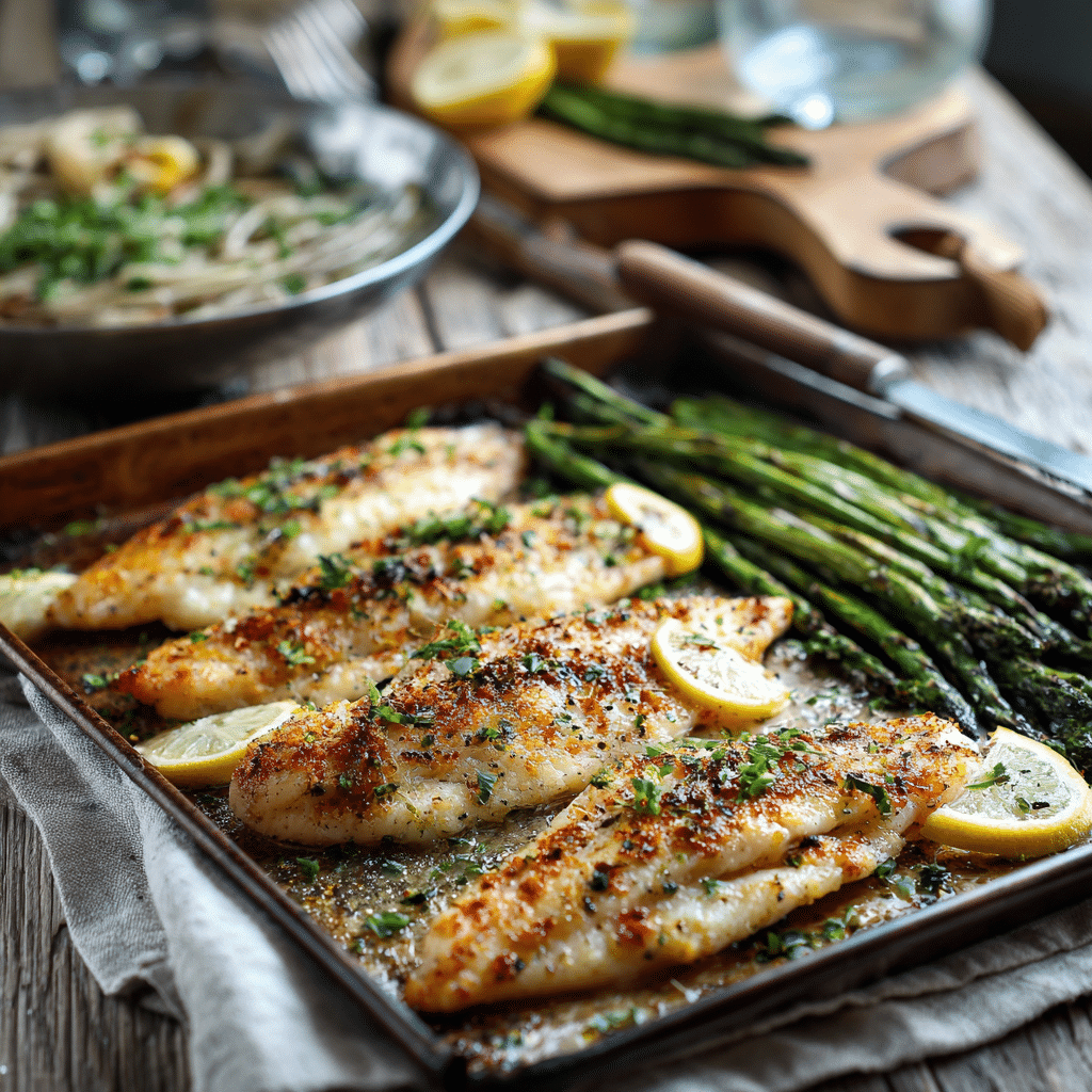 One-Pan Lemon Garlic Tilapia with asparagus on sheet pan